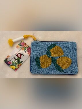 Express Edit. Handcrafted Beaded Lemon coin pouch wallet- Blue and Yellow. NWT